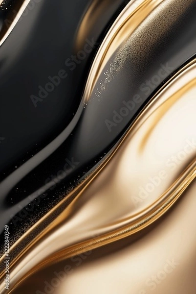 Fototapeta An abstract display of rippling gold liquid boasts reflective textures and glowing highlights against a black-to-gold gradient backdrop, providing a mesmerizing visual experience