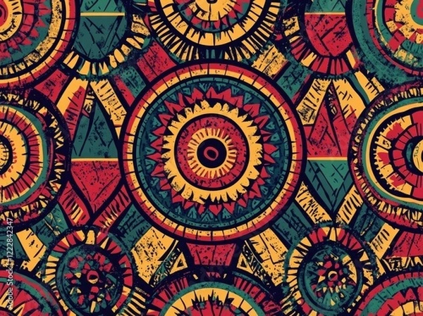 Obraz A vibrant and colorful African pattern featuring traditional geometric shapes, such as circles and triangles
