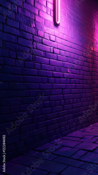 Fototapeta A dimly lit alleyway with purple neon lights casting vibrant shadows.