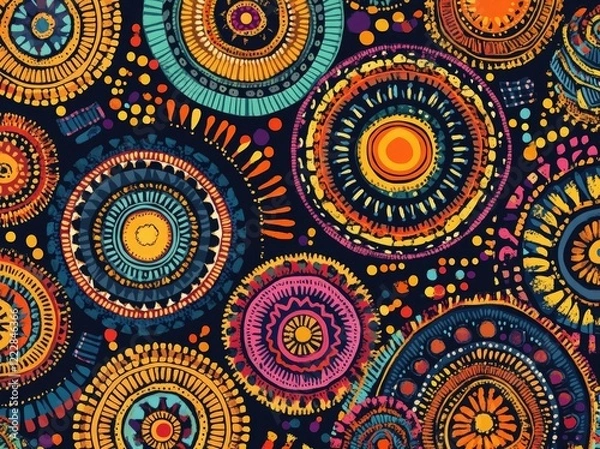 Fototapeta African pattern with traditional tribal designs and circular motifs in vibrant colors