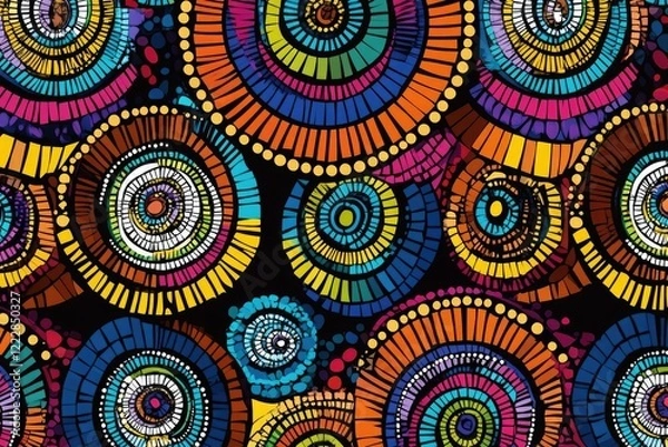 Fototapeta African wax print-style pattern with circular shapes and colorful lines, vibrant colors including a dark brown background