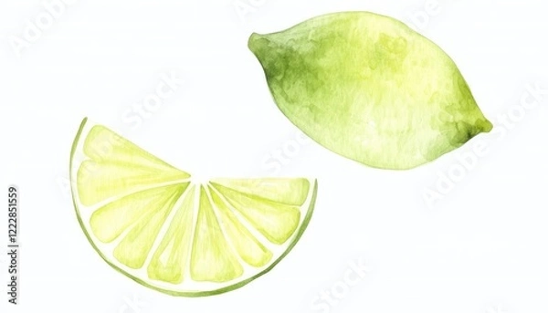 Fototapeta Watercolor illustration of a whole lime and a sliced lime wedge on a white background