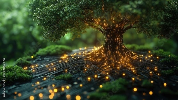 Fototapeta A visually striking digital artwork depicting lush green trees rising from a futuristic circuit board.