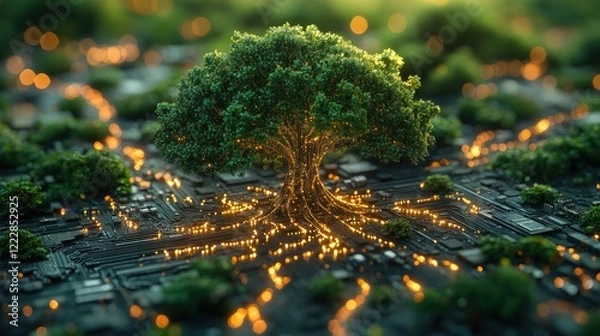 Fototapeta A visually striking digital artwork depicting lush green trees rising from a futuristic circuit board.