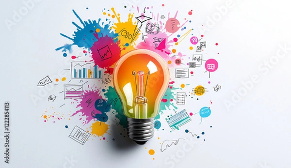 Fototapeta artistic representation of light bulb surrounded by colorful splashes and creative doodles, symbolizing innovation and ideas