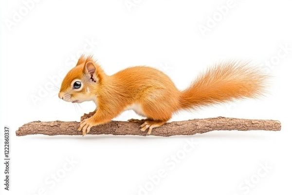 Fototapeta A vibrant orange squirrel gracefully balancing on a twig against a clean white background