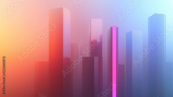 Fototapeta A futuristic 3D city with air-purifying skyscrapers glowing with neon lights, set against a hazy, smog-filled skyline