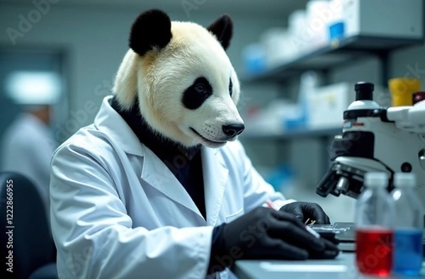 Fototapeta Panda scientist sits in the laboratory and looks at the microscope.