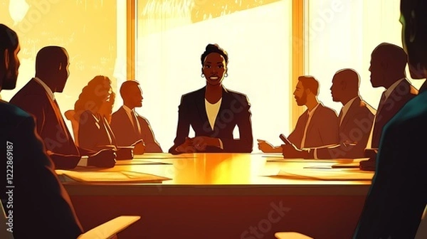 Fototapeta A professional meeting where a Black businesswoman stands confidently at the head of the table while her team collaborates