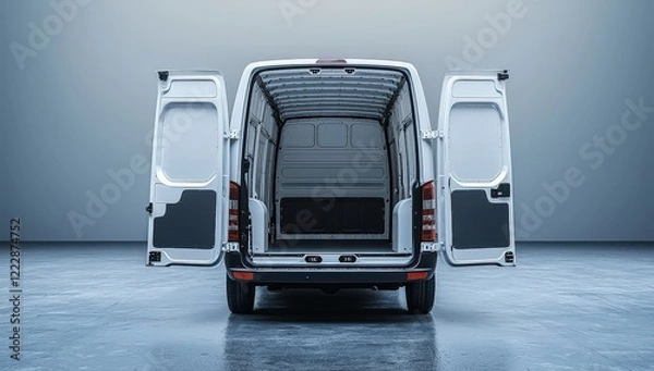 Fototapeta A white van with its doors open, viewed from the back in an empty room. The cargo area is visible inside, and there is space for text or graphics on one side of it.