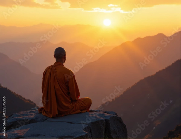 Fototapeta A monk finds spiritual peace atop a mountain, meditating at dawn as sunlight streams through...