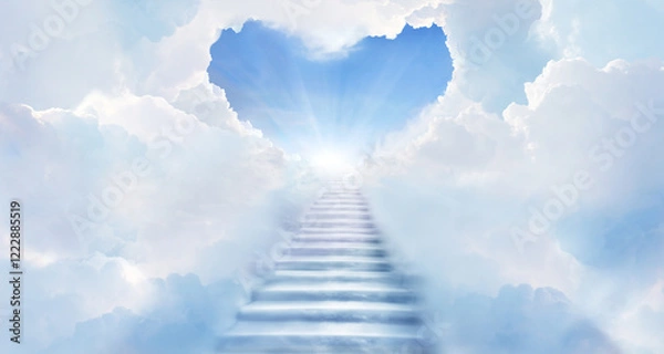 Obraz Stairway to Heaven.Stairs in sky. Concept with sun and clouds. Religion background.  Heart shaped clouds. Love background with copy space.