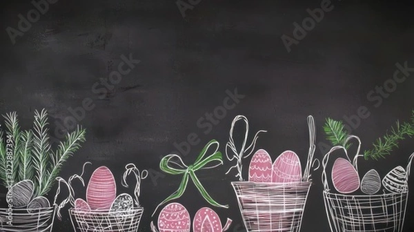 Fototapeta Hand-drawn chalk Easter bunny surrounded by festive eggs and playful doodles on a blackboard