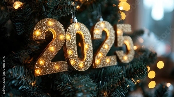 Fototapeta This image appears to depict festive hanging ornaments on a Christmas tree, spelling out "2025"