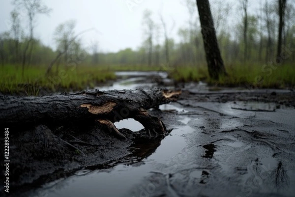 Fototapeta Misty landscape with fallen log reflective water