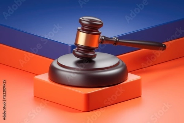 Fototapeta A gavel rests on a vibrant orange and blue platform, symbolizing justice and law.