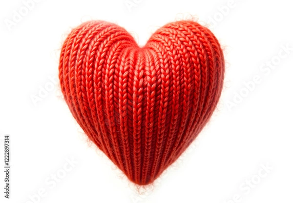 Fototapeta Knitted heart made of red wool threads. light white background.