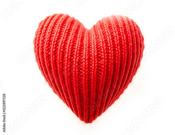 Fototapeta Knitted heart made of red wool threads. light white background.