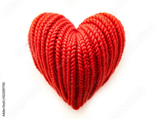 Fototapeta Knitted heart made of red wool threads. light white background.