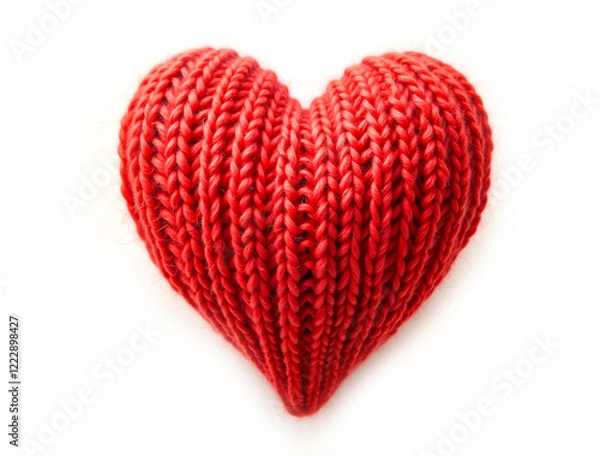 Fototapeta Knitted heart made of red wool threads. light white background.