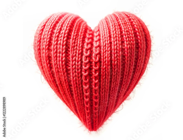 Fototapeta Knitted heart made of red wool threads. light white background.