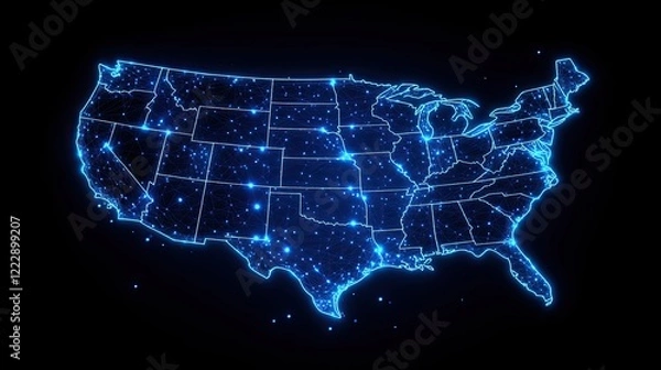 Fototapeta A glowing, digital representation of the United States map,