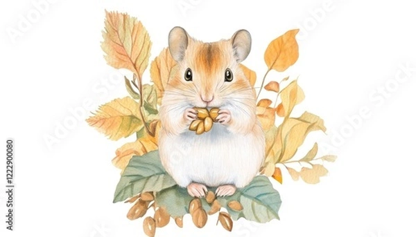 Fototapeta A cute hamster holding a nut surrounded by autumn leaves, showcasing a peaceful nature scene