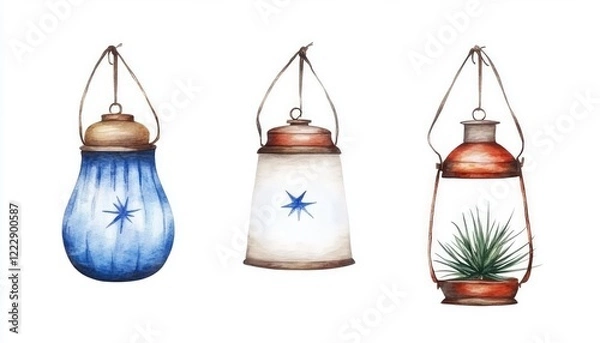 Fototapeta Three beautifully illustrated lanterns showcasing unique designs, colors, and a plant, perfect for decor