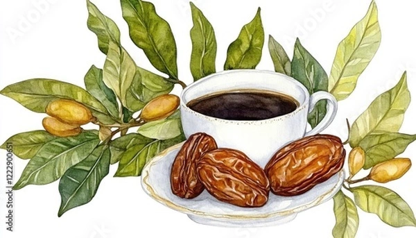 Fototapeta A serene still life featuring a cup of coffee surrounded by fresh leaves and dates, evoking warmth and comfort