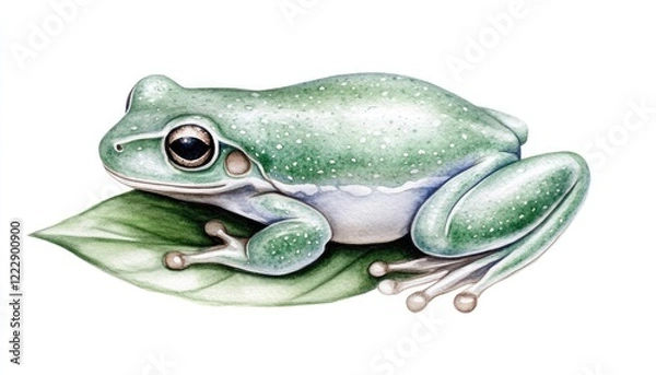 Fototapeta A vibrant green frog resting on a leaf, showcasing its detailed anatomy against a soft background