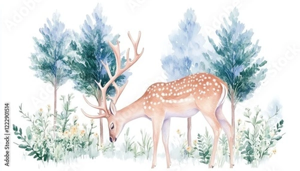 Fototapeta A serene scene of a spotted deer grazing among lush greenery and trees in a tranquil forest setting