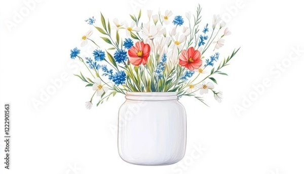 Fototapeta A vibrant bouquet of wildflowers in a white jar, set against a clean background, perfect for decoration