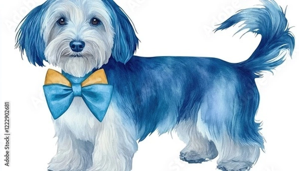 Fototapeta Whimsical blue and white dog with a bow tie standing against a plain background, showcasing playful charm