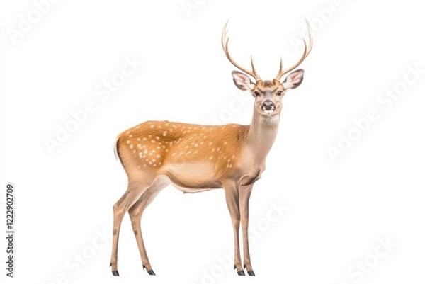 Fototapeta A majestic deer stands gracefully against a white backdrop, showcasing its elegant antlers and spotted coat