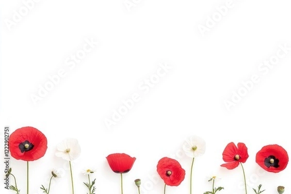 Fototapeta A vibrant arrangement of red and white poppy flowers with delicate greenery on a clean white background