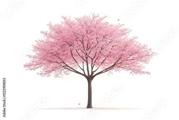 Fototapeta A vibrant pink cherry blossom tree stands alone, surrounded by a serene white background, symbolizing spring