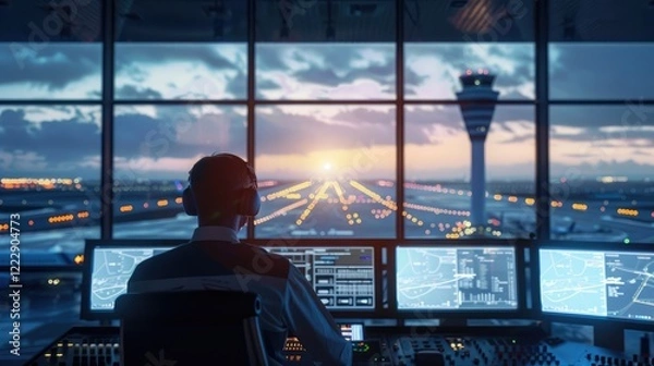Fototapeta Image of a simulated risk situation on a computer screen in an airport control room