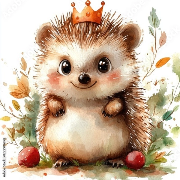 Obraz Adorable hedgehog wearing a crown, surrounded by colorful foliage and berries in a whimsical garden setting