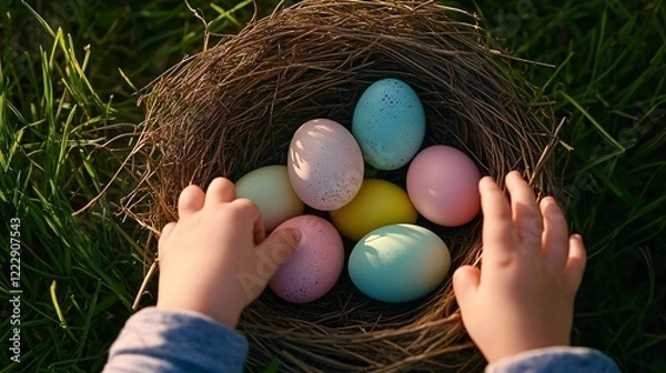 Fototapeta A child's hands reaching toward a nest filled with pastel-colored Easter eggs, set on lush green grass under warm natural sunlight