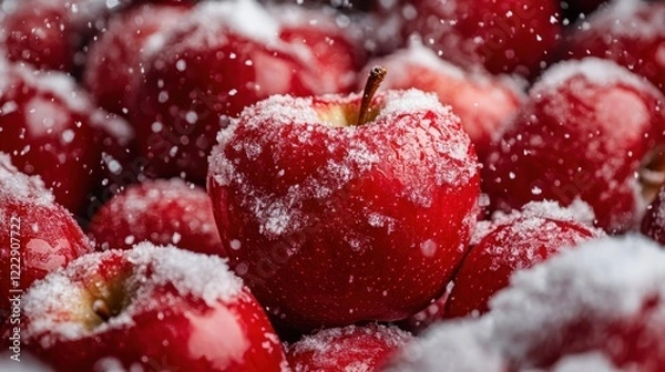 Fototapeta This close-up image of red apples dusted with frost beautifully captures the essence of winter, highlighting the contrast between the vibrant color and the icy texture all around.