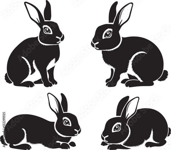 Fototapeta Silhouette of easter bunny set , Happy easter day vector elements