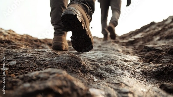 Obraz Close up of hikers trekking on uneven mountain path showcasing footwear and rugged terrain with space for text overlay