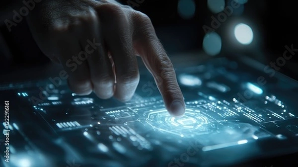 Obraz Hand interacting with digital cybersecurity interface displaying holographic icons and technology elements with space for text or information