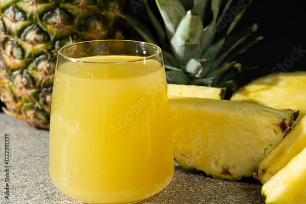 Fototapeta Pineapple juice in a glass among fresh pineapple fruit close-up.