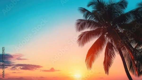 Fototapeta Tropical Sunset with Silhouetted Palm Trees Against a Colorful Sky for Relaxation and Vacation Themes