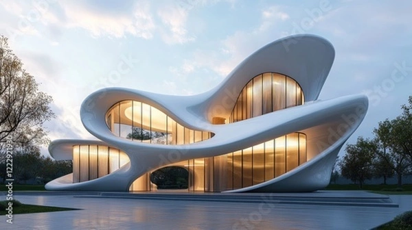 Fototapeta Curvilinear Architecture by Modern Designers Innovative Structure with Copy Space for Text and Bright Sky Background