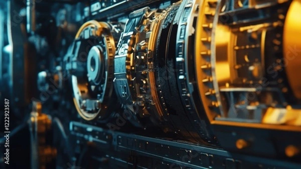 Fototapeta Advanced mining machinery close-up showcasing intricate control systems and detailed engineering in an underground environment with copy space.