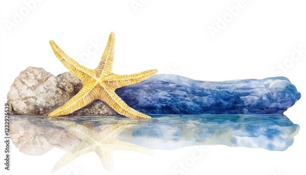 Obraz A vibrant starfish resting on smooth stones by the tranquil water's edge, reflecting the serene surroundings