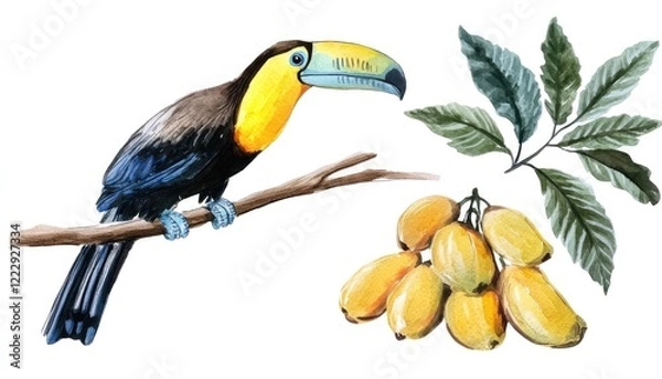 Obraz Vibrant watercolor illustration of a toucan perched on a branch with tropical fruit and foliage