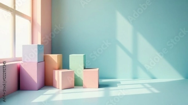 Fototapeta Pastel-colored cubes arranged artfully near a sunlit window, creating a minimalist and serene display in a light blue room.